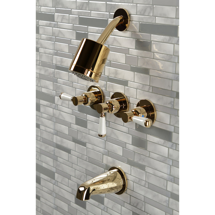 Paris KBX8132DPL Three-Handle 5-Hole Wall Mount Tub and Shower Faucet, Polished Brass
