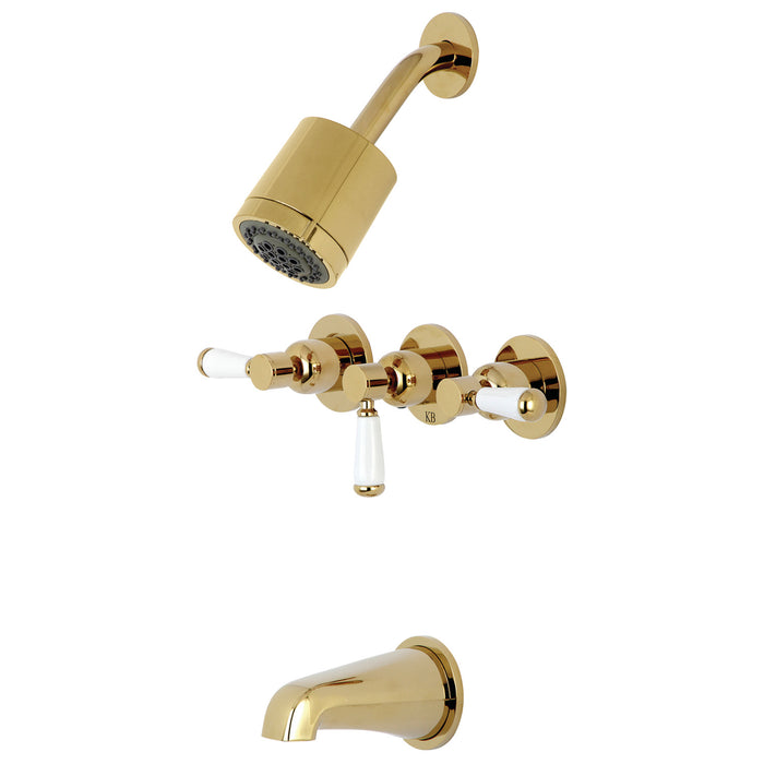Paris KBX8132DPL Three-Handle 5-Hole Wall Mount Tub and Shower Faucet, Polished Brass