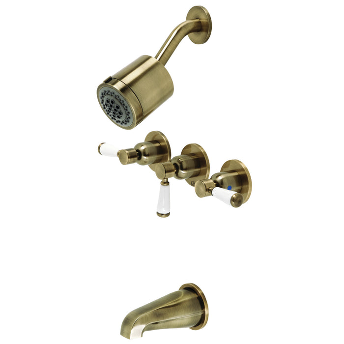 Paris KBX8133DPL Three-Handle 5-Hole Wall Mount Tub and Shower Faucet, Antique Brass