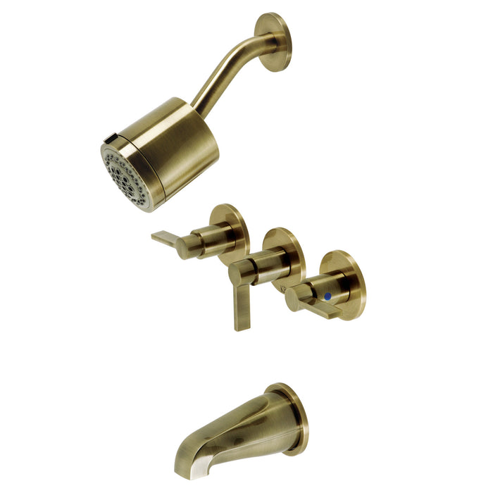 NuvoFusion KBX8133NDL Three-Handle 5-Hole Wall Mount Tub and Shower Faucet, Antique Brass