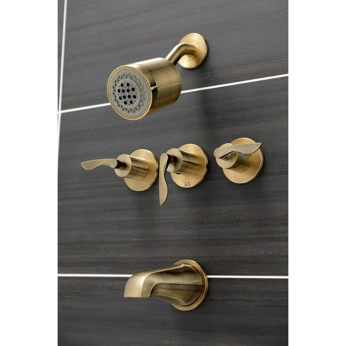 Kingston Tulare KBX8133SVL - Serena Triple-Handle Tub and Shower Faucet, Antique Brass