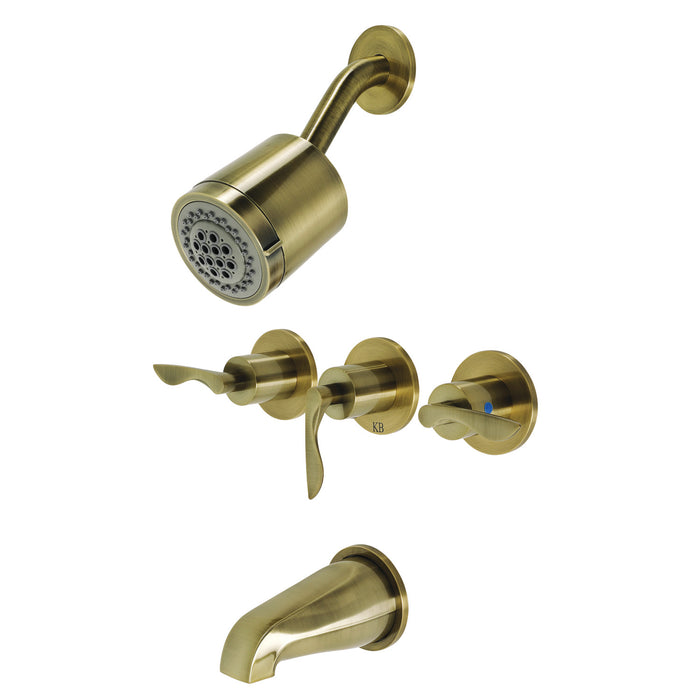 Kingston Tulare KBX8133SVL - Serena Triple-Handle Tub and Shower Faucet, Antique Brass