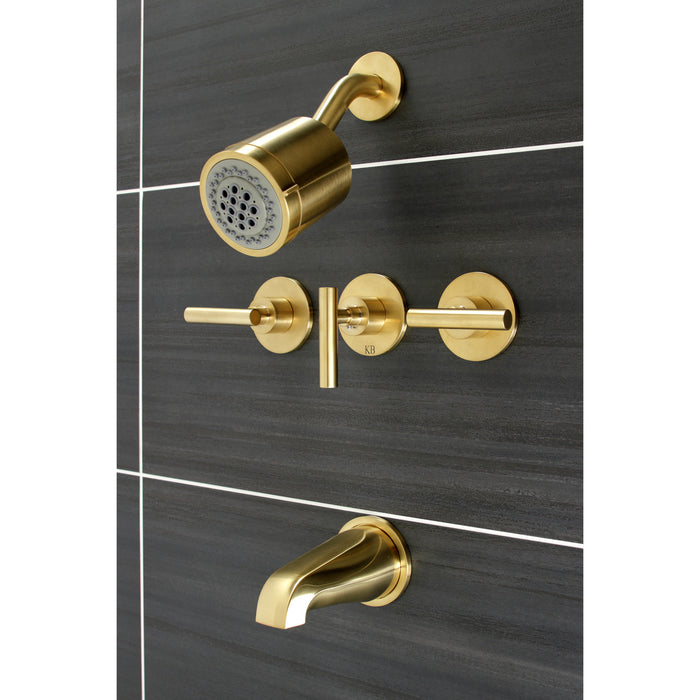 Manhattan KBX8137CML Three-Handle 5-Hole Wall Mount Tub and Shower Faucet, Brushed Brass