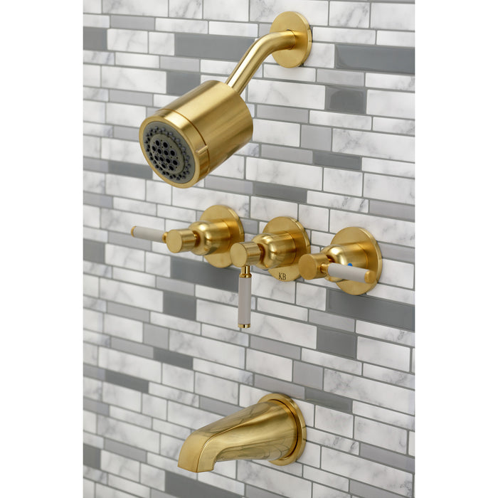 Kingston Sona KBX8137DKL - Kaiser Triple-Handle Tub and Shower Faucet, Brushed Brass