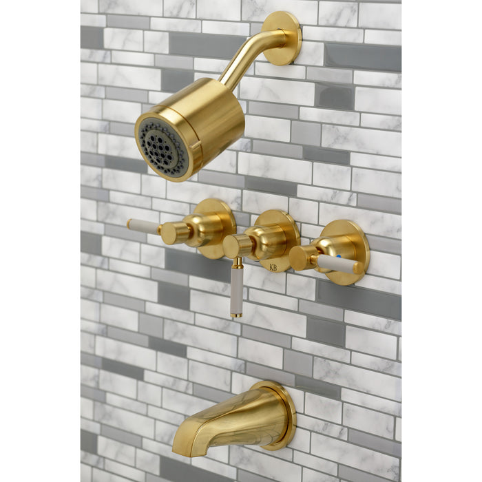 Kaiser KBX8137DKL Three-Handle 5-Hole Wall Mount Tub and Shower Faucet, Brushed Brass