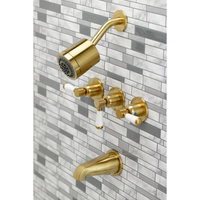 Paris KBX8137DPL Three-Handle 5-Hole Wall Mount Tub and Shower Faucet, Brushed Brass