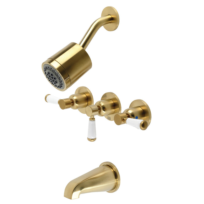Paris KBX8137DPL Three-Handle 5-Hole Wall Mount Tub and Shower Faucet, Brushed Brass