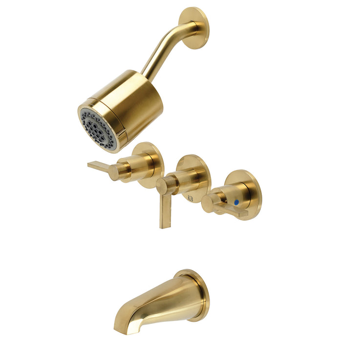 NuvoFusion KBX8137NDL Three-Handle 5-Hole Wall Mount Tub and Shower Faucet, Brushed Brass