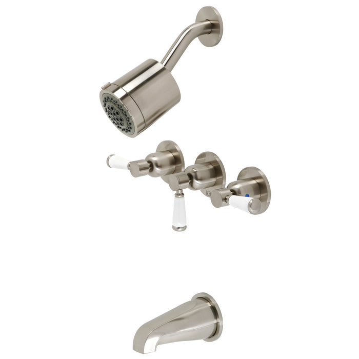 Kingston Tulare KBX8138DPL - Paris Triple-Handle Tub and Shower Faucet, Brushed Nickel