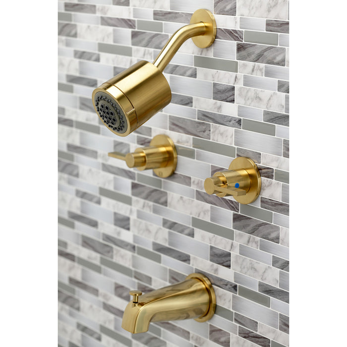 NuvoFusion KBX8147NDL Two-Handle 4-Hole Wall Mount Tub and Shower Faucet, Brushed Brass