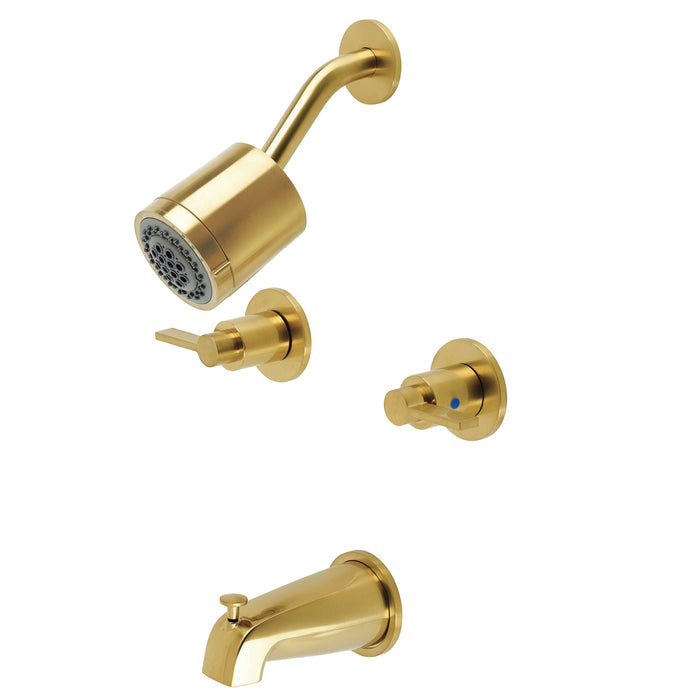 NuvoFusion KBX8147NDL Two-Handle 4-Hole Wall Mount Tub and Shower Faucet, Brushed Brass