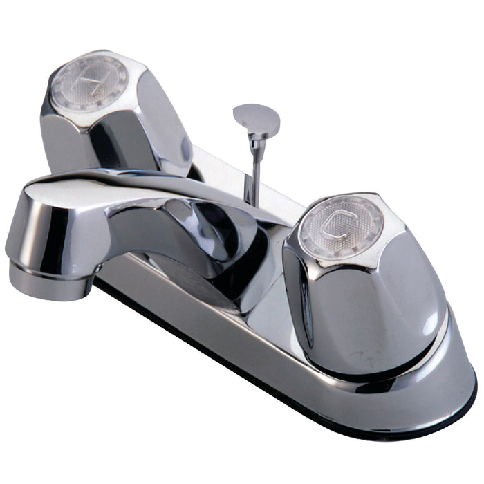 KF103AP Two-Handle 2-Hole Deck Mount 4" Centerset Bathroom Faucet with Brass Pop-Up, Polished Chrome