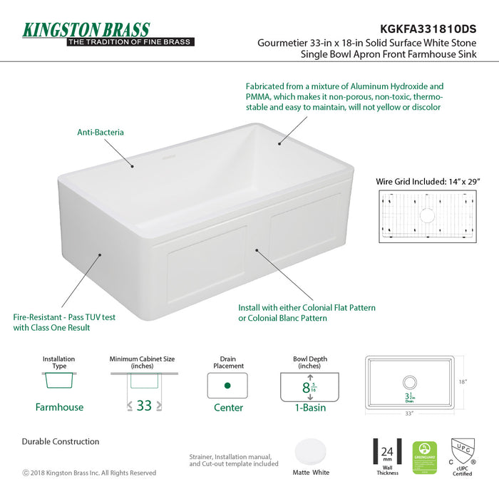 Arcticstone KGKFA331810DS 33-Inch Solid Surface White Stone Apron-Front Single Bowl Farmhouse Kitchen Sink, Matte White/Brushed