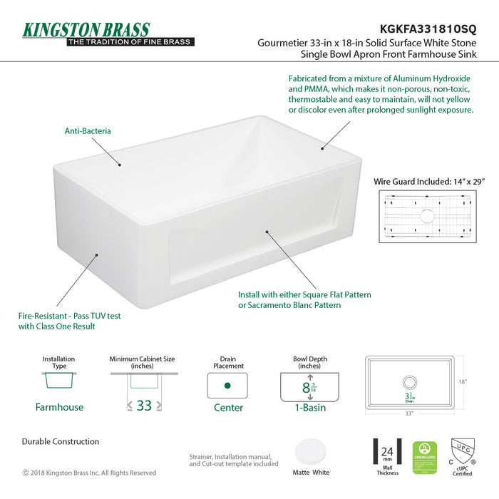 Arcticstone KGKFA331810SQ 33-Inch Solid Surface White Stone Apron-Front Single Bowl Farmhouse Kitchen Sink, Matte White/Brushed