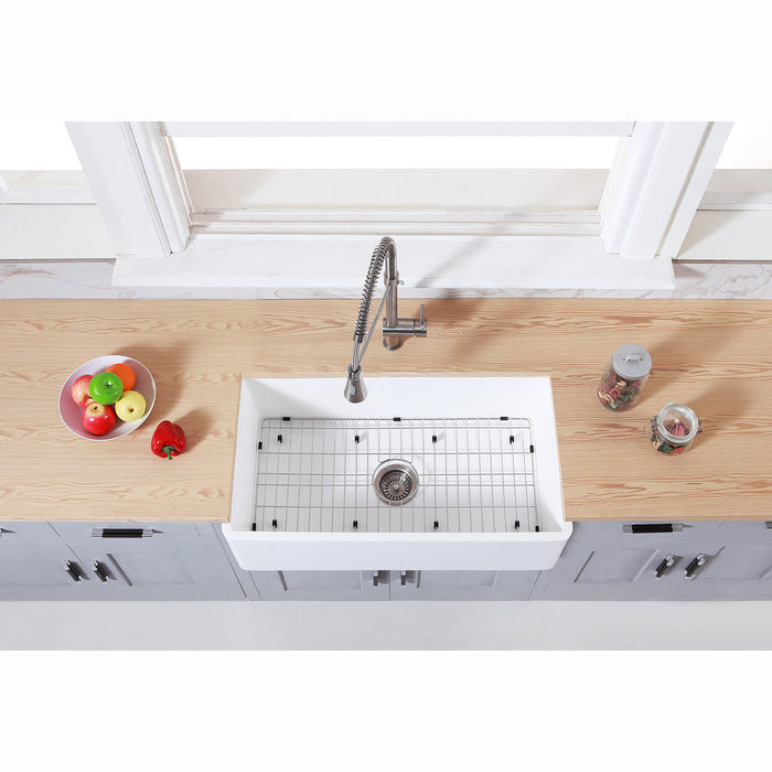 Arcticstone KGKFA361810BC 36-Inch Solid Surface White Stone Apron-Front Single Bowl Farmhouse Kitchen Sink, Matte White/Brushed