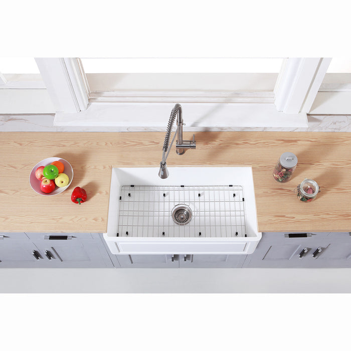 Arcticstone KGKFA361810LD 36-Inch Solid Surface White Stone Apron-Front Single Bowl Farmhouse Kitchen Sink, Matte White/Brushed
