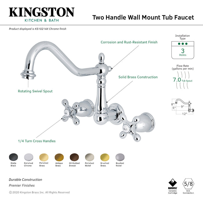 Heritage KS1020AX Two-Handle 3-Hole Wall Mount Roman Tub Faucet, Matte Black