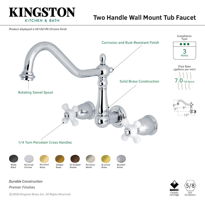 Kingston Heirloom KS1020PX - Heritage Two-Handle 3-Hole Wall Mount Roman Tub Faucet, Matte Black