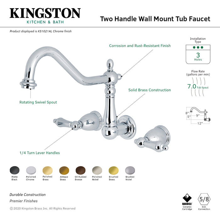 Heritage KS1022AL Two-Handle 3-Hole Wall Mount Roman Tub Faucet, Polished Brass