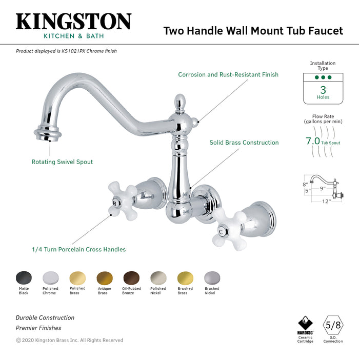 Heritage KS1022PX Two-Handle 3-Hole Wall Mount Roman Tub Faucet, Polished Brass