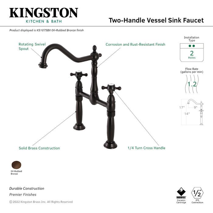 Kingston Heirloom KS1075BXTwo-Handle 2-Hole Deck Mount Bridge Vessel Faucet, Oil Rubbed Bronze