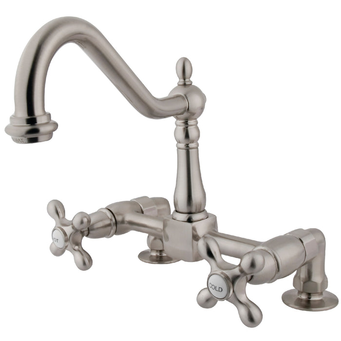 Kingston Heritage KS1148AX Two-Handle 2-Hole Deck Mount Bridge Kitchen Faucet, Brushed Nickel