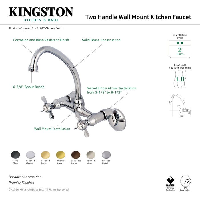 Essex KS114PB Two-Handle 2-Hole Wall Mount Kitchen Faucet, Polished Brass