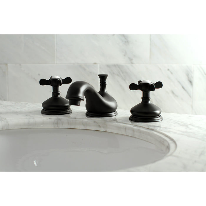 Essex KS1160BEX Two-Handle 3-Hole Deck Mount Widespread Bathroom Faucet with Brass Pop-Up, Matte Black