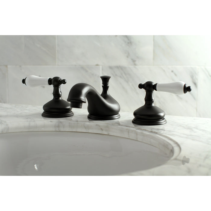 Heritage KS1160PL Two-Handle 3-Hole Deck Mount Widespread Bathroom Faucet with Brass Pop-Up, Matte Black