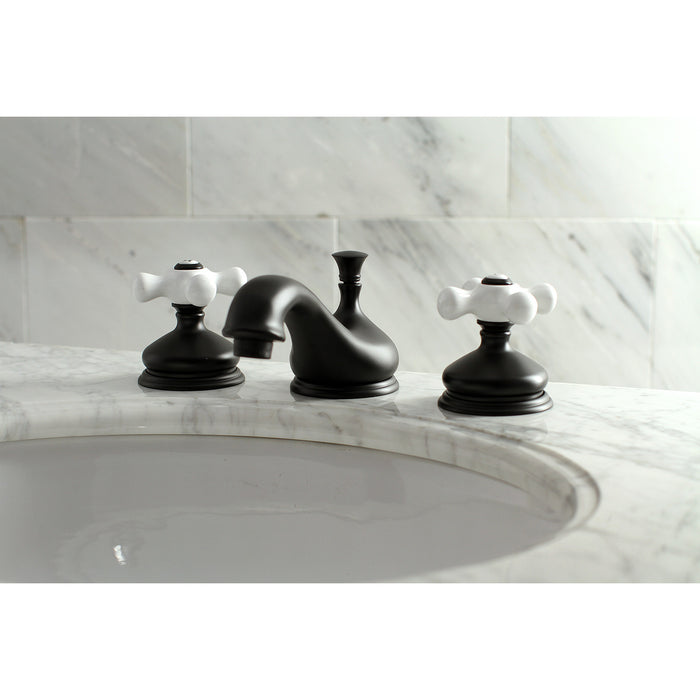 Heritage KS1160PX Two-Handle 3-Hole Deck Mount Widespread Bathroom Faucet with Brass Pop-Up, Matte Black