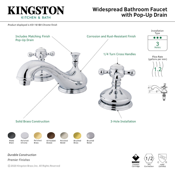 Vintage KS1161BX Two-Handle 3-Hole Deck Mount Widespread Bathroom Faucet with Brass Pop-Up, Polished Chrome