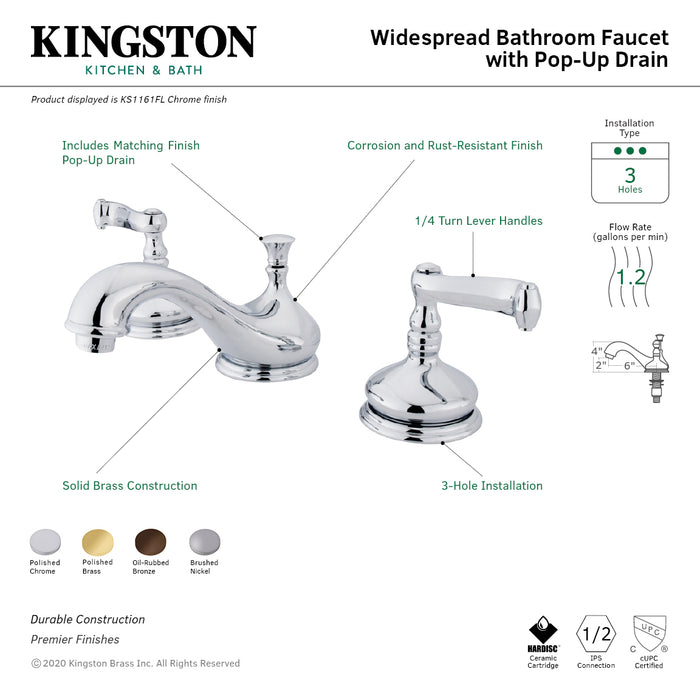 KS1161FL Two-Handle 3-Hole Deck Mount Widespread Bathroom Faucet with Brass Pop-Up, Polished Chrome
