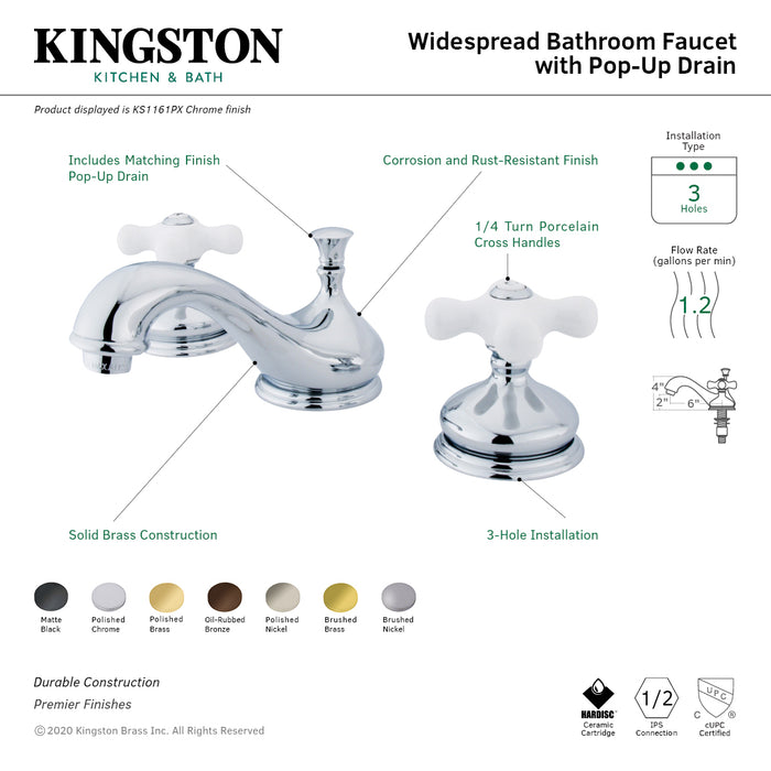 Kingston Heirloom KS1161PX - Heritage Two-Handle 3-Hole Deck Mount Widespread Bathroom Faucet with Brass Pop-Up, Polished Chrome