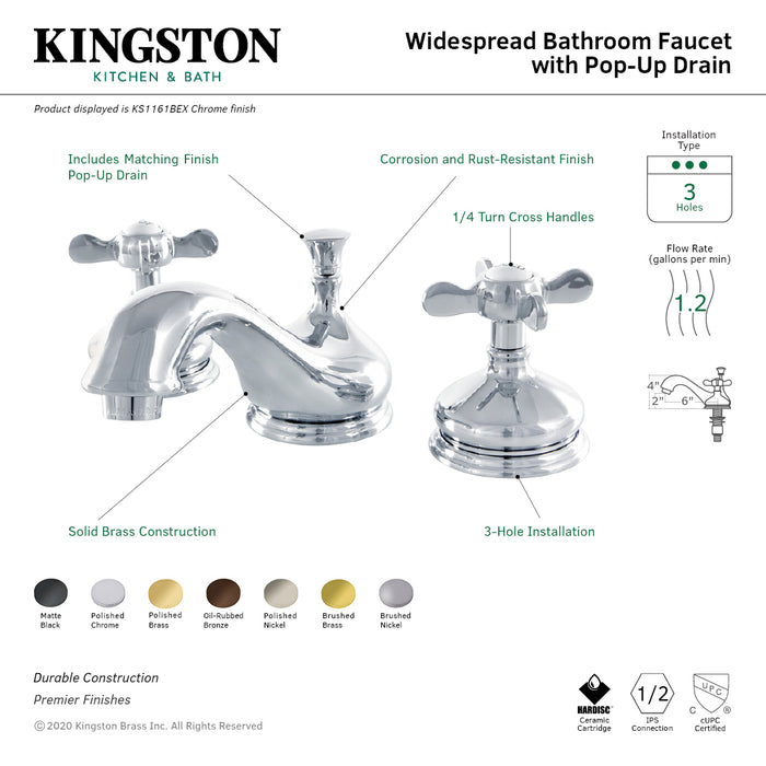 Essex KS1162BEX Two-Handle 3-Hole Deck Mount Widespread Bathroom Faucet with Brass Pop-Up, Polished Brass