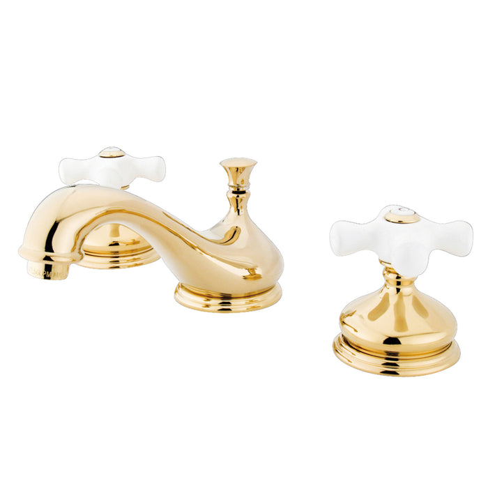 Heritage KS1162PX Two-Handle 3-Hole Deck Mount Widespread Bathroom Faucet with Brass Pop-Up, Polished Brass