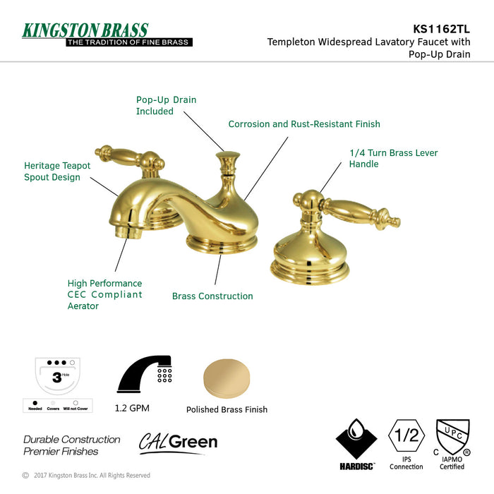 Heritage KS1162TL Two-Handle 3-Hole Deck Mount Widespread Bathroom Faucet with Brass Pop-Up, Polished Brass