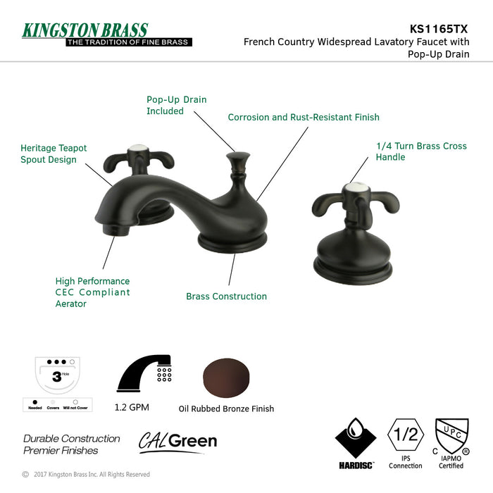 French Country KS1165TX Two-Handle 3-Hole Deck Mount Widespread Bathroom Faucet with Brass Pop-Up, Oil Rubbed Bronze