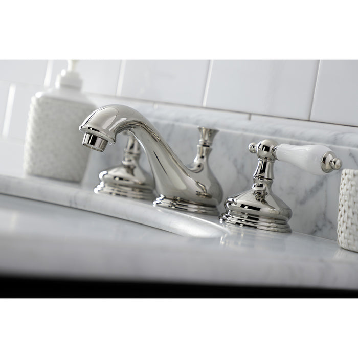 Heritage KS1166PL Two-Handle 3-Hole Deck Mount Widespread Bathroom Faucet with Brass Pop-Up, Polished Nickel