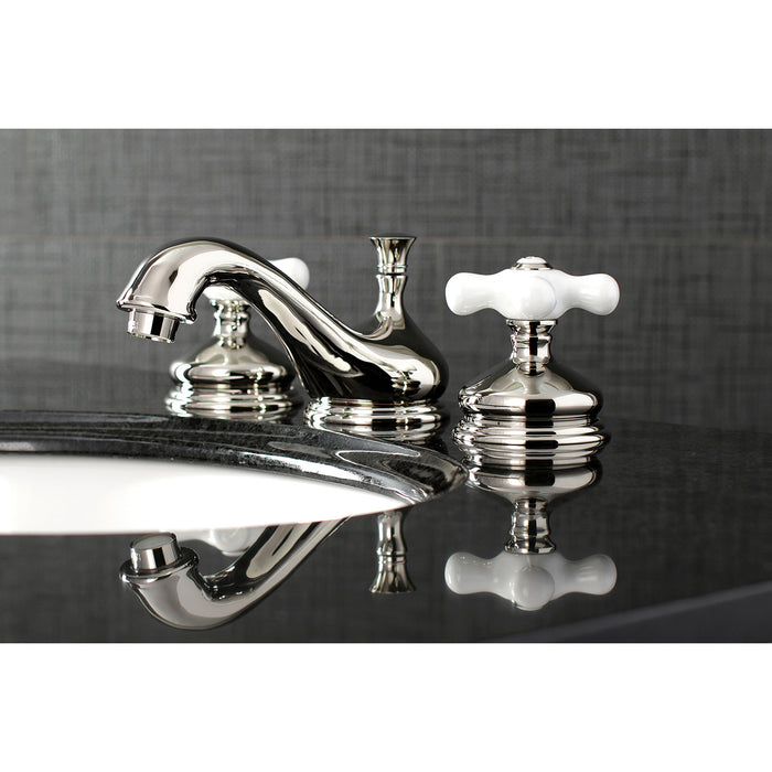 Kingston Heirloom KS1166PX - Heritage Two-Handle 3-Hole Deck Mount Widespread Bathroom Faucet with Brass Pop-Up, Polished Nickel