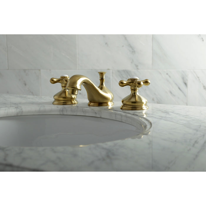 Kingston Heirloom KS1167AX - Kingston Two-Handle 3-Hole Deck Mount Widespread Bathroom Faucet with Brass Pop-Up, Brushed Brass