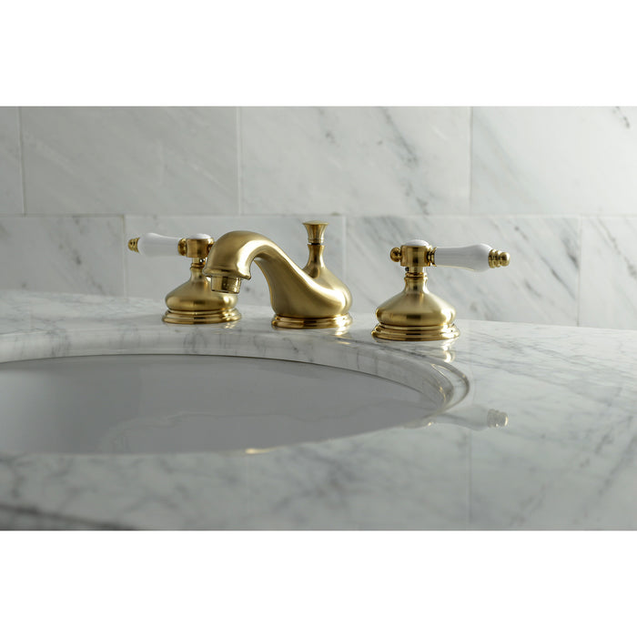 Bel-Air KS1167BPL Two-Handle 3-Hole Deck Mount Widespread Bathroom Faucet with Brass Pop-Up, Brushed Brass