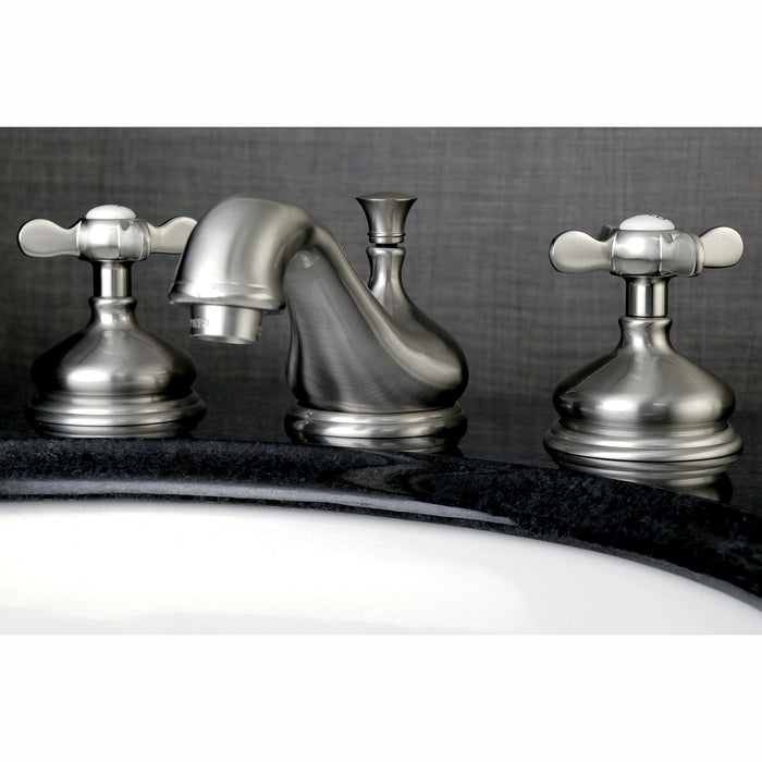 Essex KS1168BEX Two-Handle 3-Hole Deck Mount Widespread Bathroom Faucet with Brass Pop-Up, Brushed Nickel