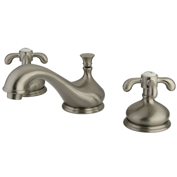 French Country KS1168TX Two-Handle 3-Hole Deck Mount Widespread Bathroom Faucet with Brass Pop-Up, Brushed Nickel