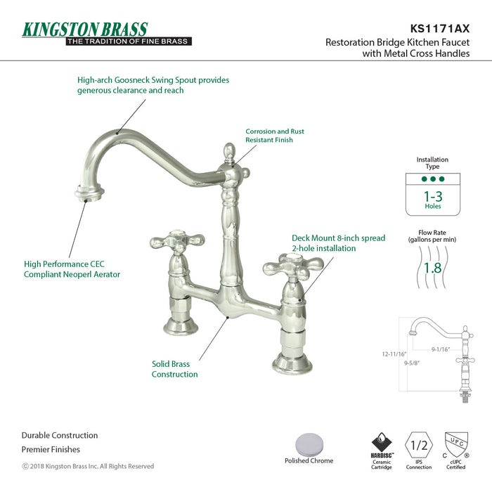 Kingston Heirloom KS1171AX - Heritage Two-Handle 2-Hole Deck Mount Bridge Kitchen Faucet, Polished Chrome