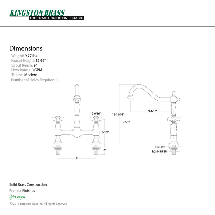 Kingston Heirloom KS1171PX - Heritage Two-Handle 2-Hole Deck Mount Bridge Kitchen Faucet, Polished Chrome