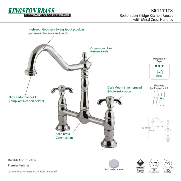 French Country KS1171TX Two-Handle 2-Hole Deck Mount Bridge Kitchen Faucet, Polished Chrome