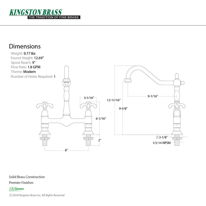 Kingston Heirloom KS1171TX - French Country Two-Handle 2-Hole Deck Mount Bridge Kitchen Faucet, Polished Chrome