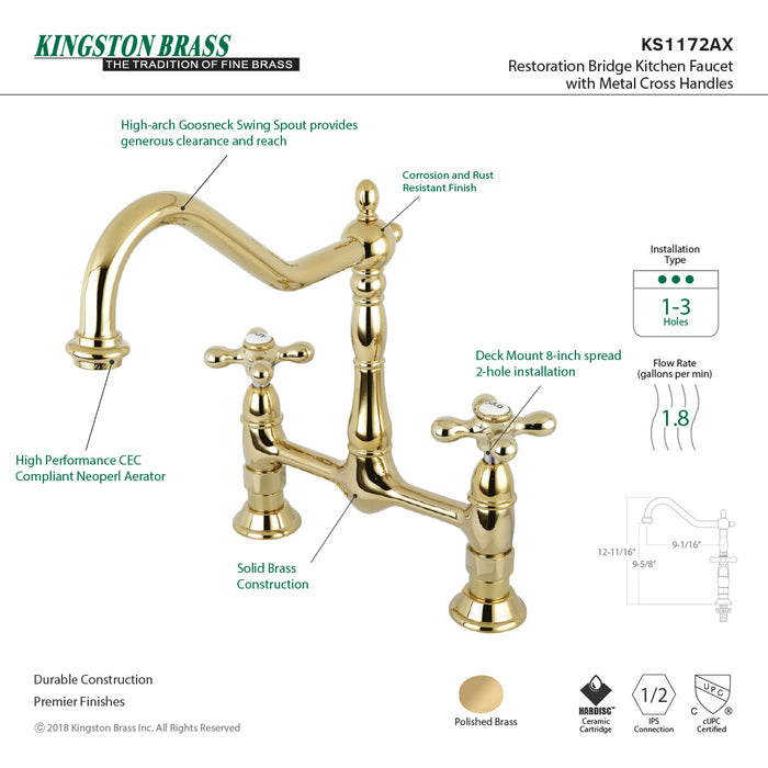 Kingston Heirloom KS1172AX - Heritage Two-Handle 2-Hole Deck Mount Bridge Kitchen Faucet, Polished Brass