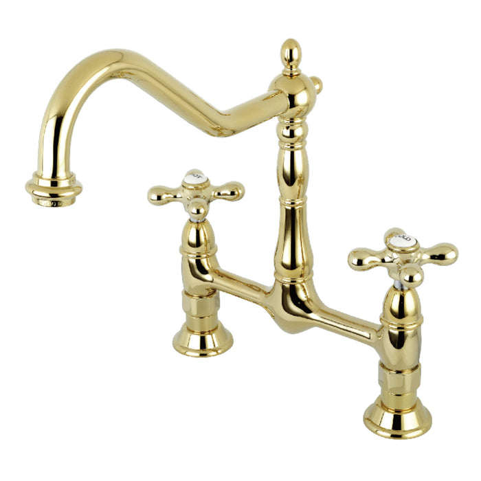 Kingston Heirloom KS1172AX - Heritage Two-Handle 2-Hole Deck Mount Bridge Kitchen Faucet, Polished Brass