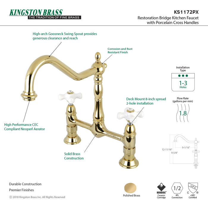 Kingston Heirloom KS1172PX - Heritage Two-Handle 2-Hole Deck Mount Bridge Kitchen Faucet, Polished Brass